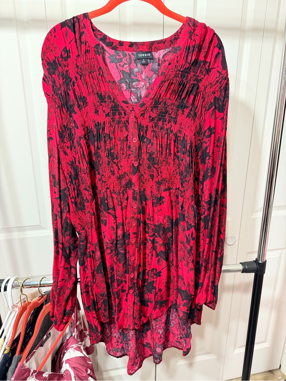 torrid Red & Black Floral Smocked Button-Front Tunic